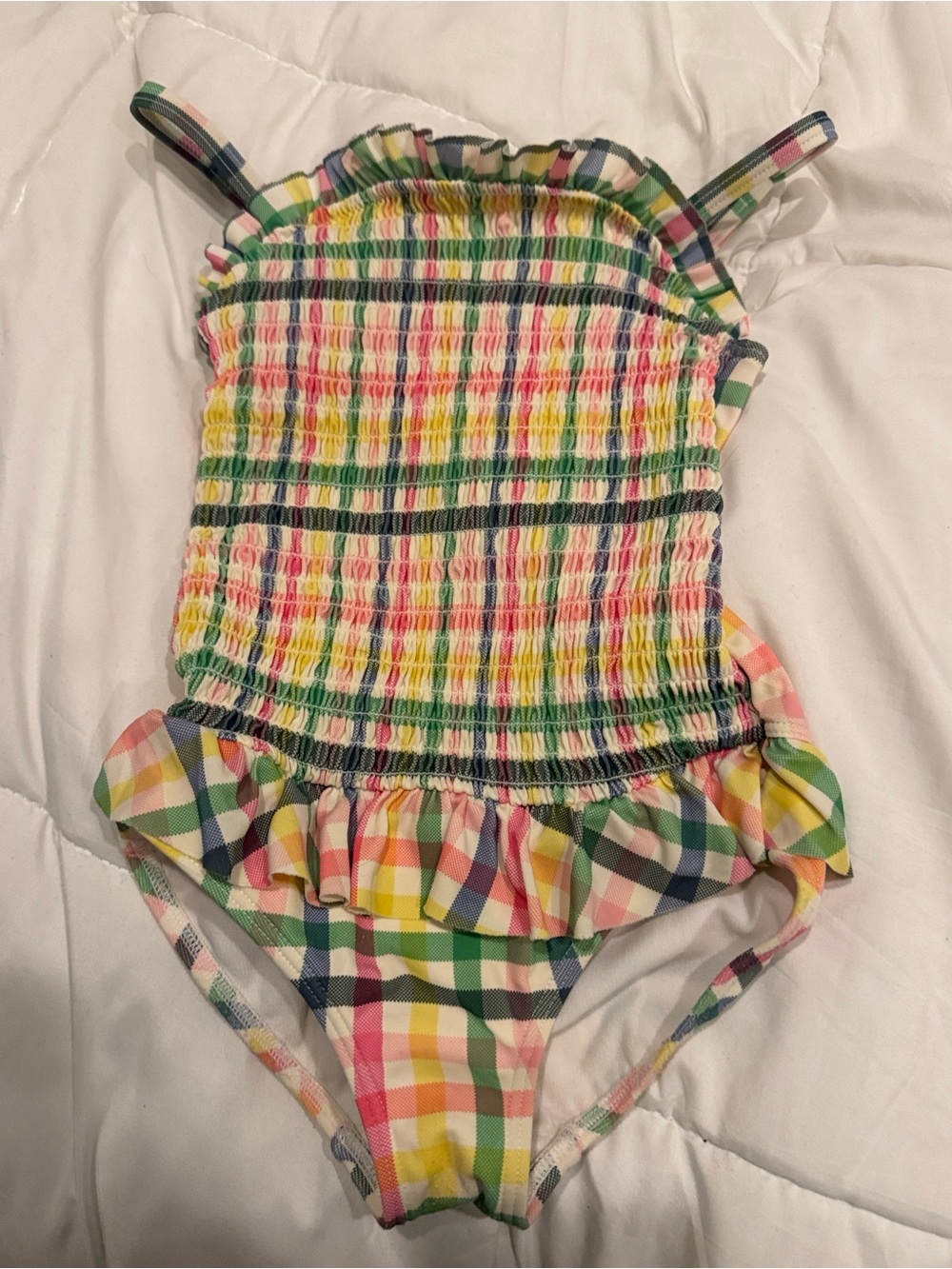Mini Boden Girls Multicolor Plaid Smocked One-Piece Swimsuit with Ruffle
